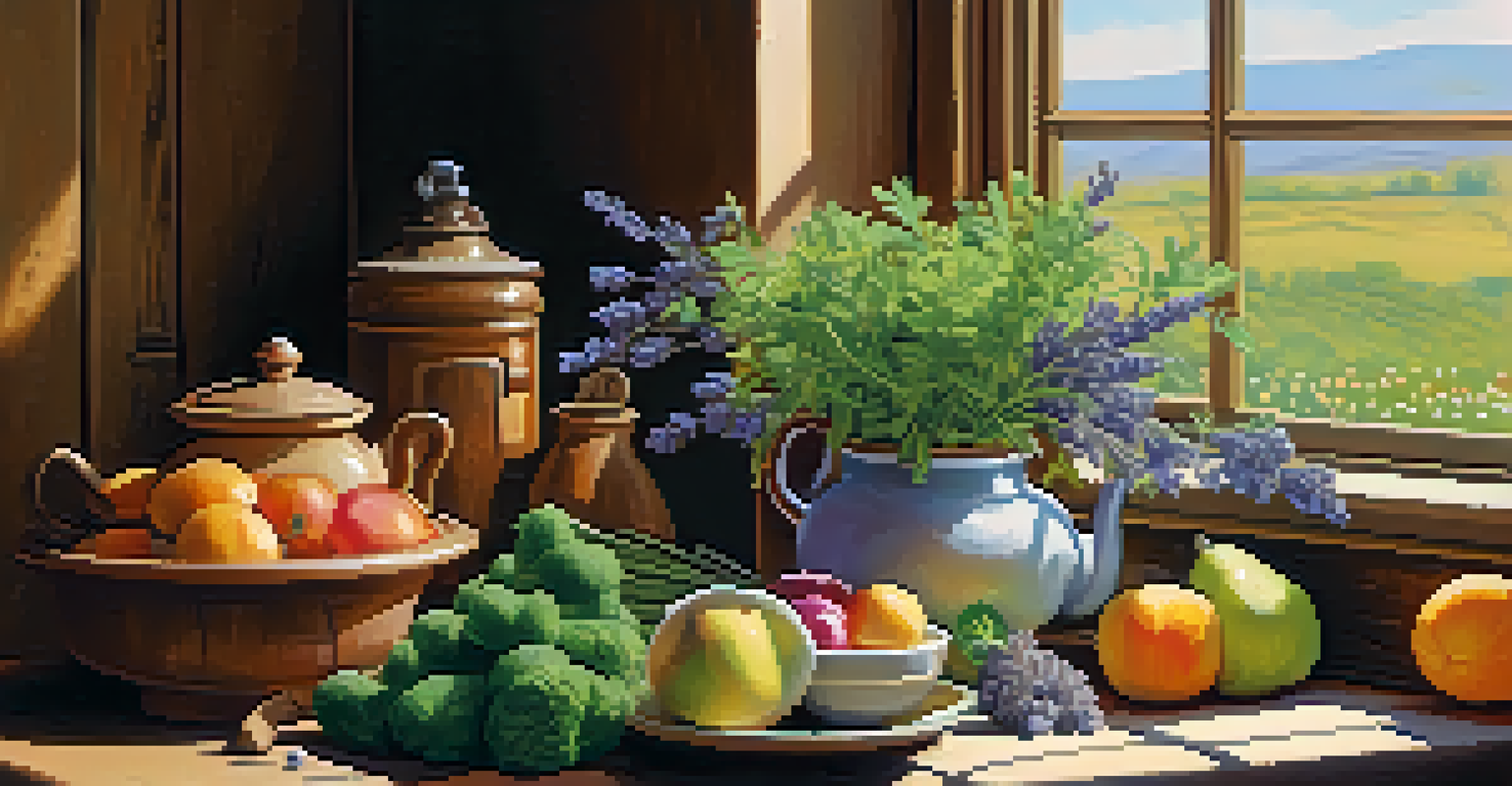 A kitchen table filled with fresh fruits and vegetables, along with a cup of herbal tea and flowers, illuminated by natural light.