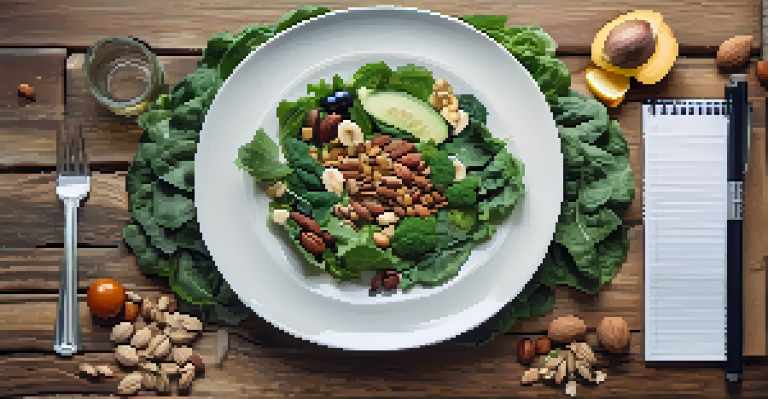 A plate of fresh, healthy foods like leafy greens, nuts, and seeds on a rustic table with a glass of water.