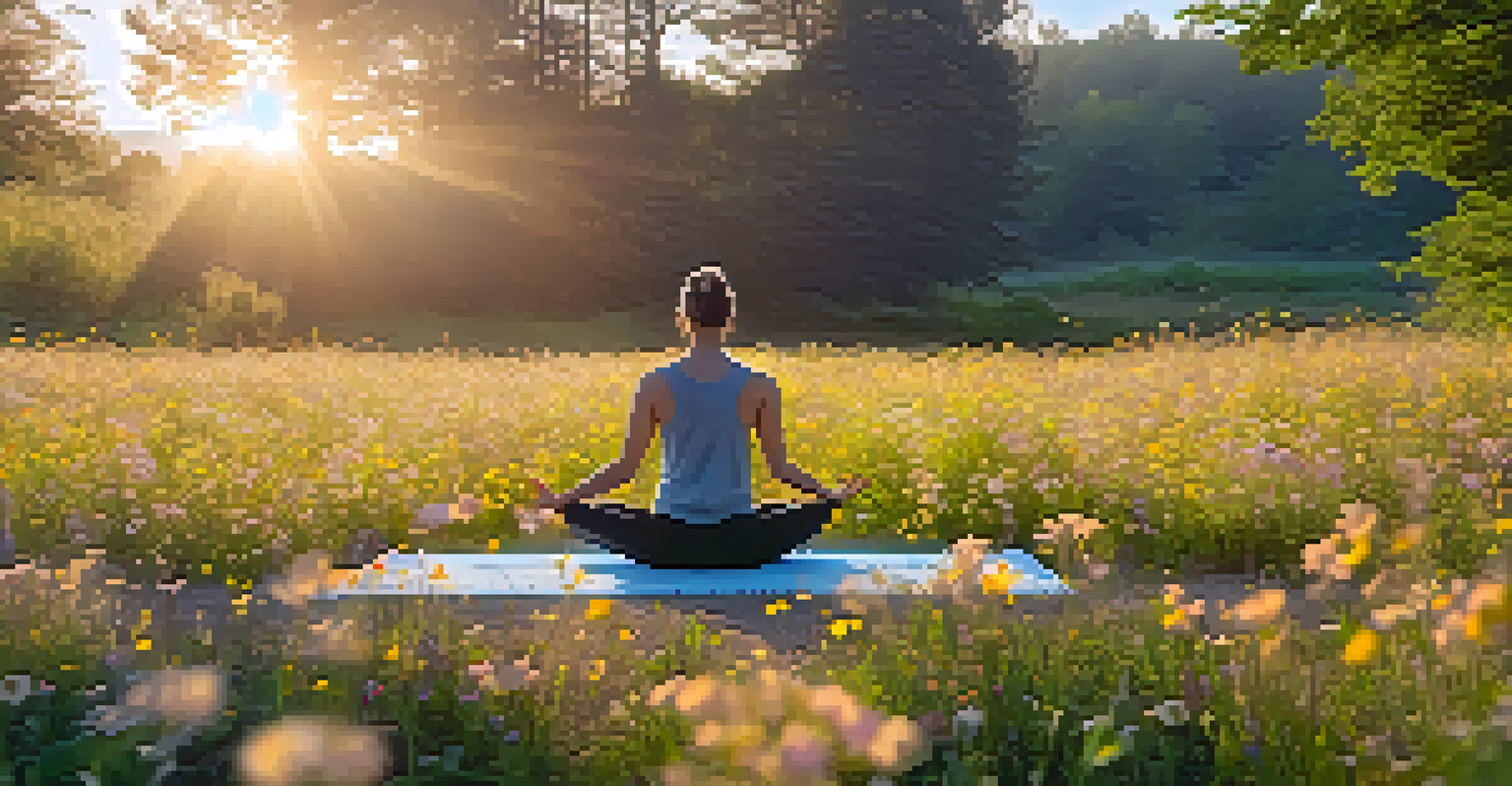 A person practicing yoga in a field of wildflowers during early morning light.