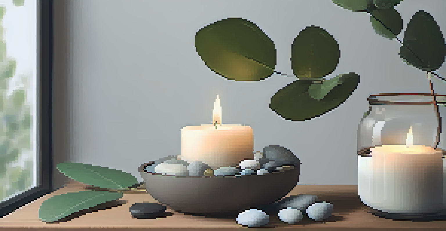 A diffuser with steam in a spa-like setting, surrounded by eucalyptus leaves and a lit candle for relaxation.