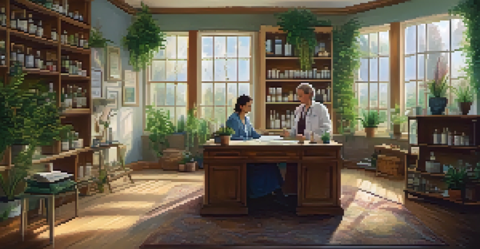 A cozy office with an athlete discussing their injury with a homeopathic practitioner amidst plants and shelves of remedies.