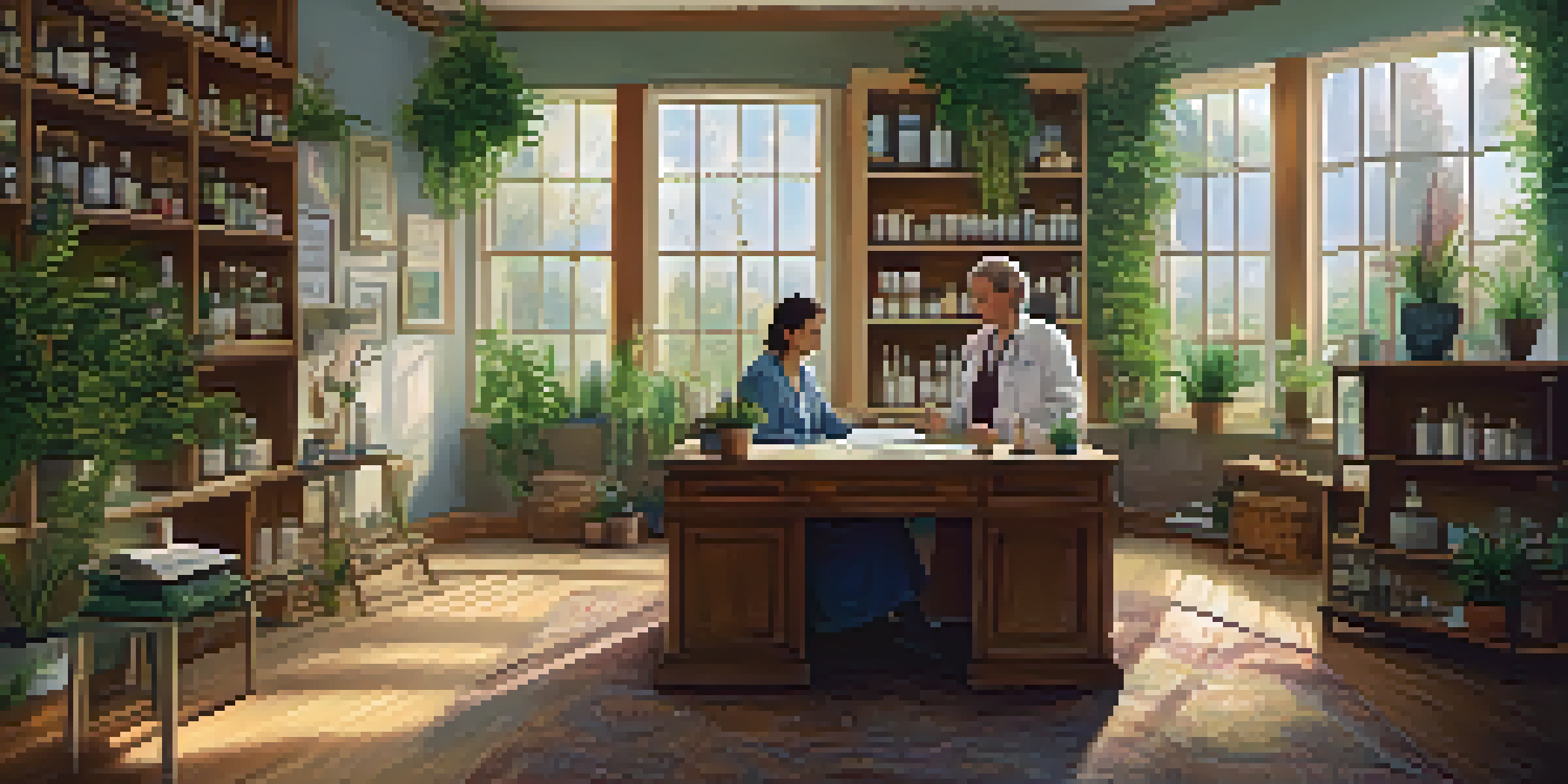 A cozy office with an athlete discussing their injury with a homeopathic practitioner amidst plants and shelves of remedies.