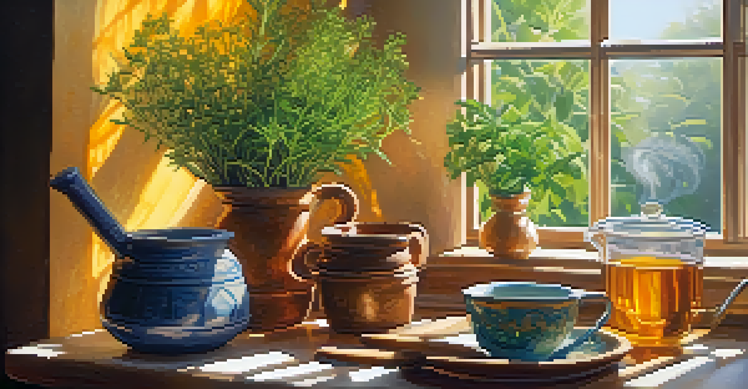 A warm kitchen with fresh herbs and a cup of herbal tea on a wooden table, illuminated by sunlight.