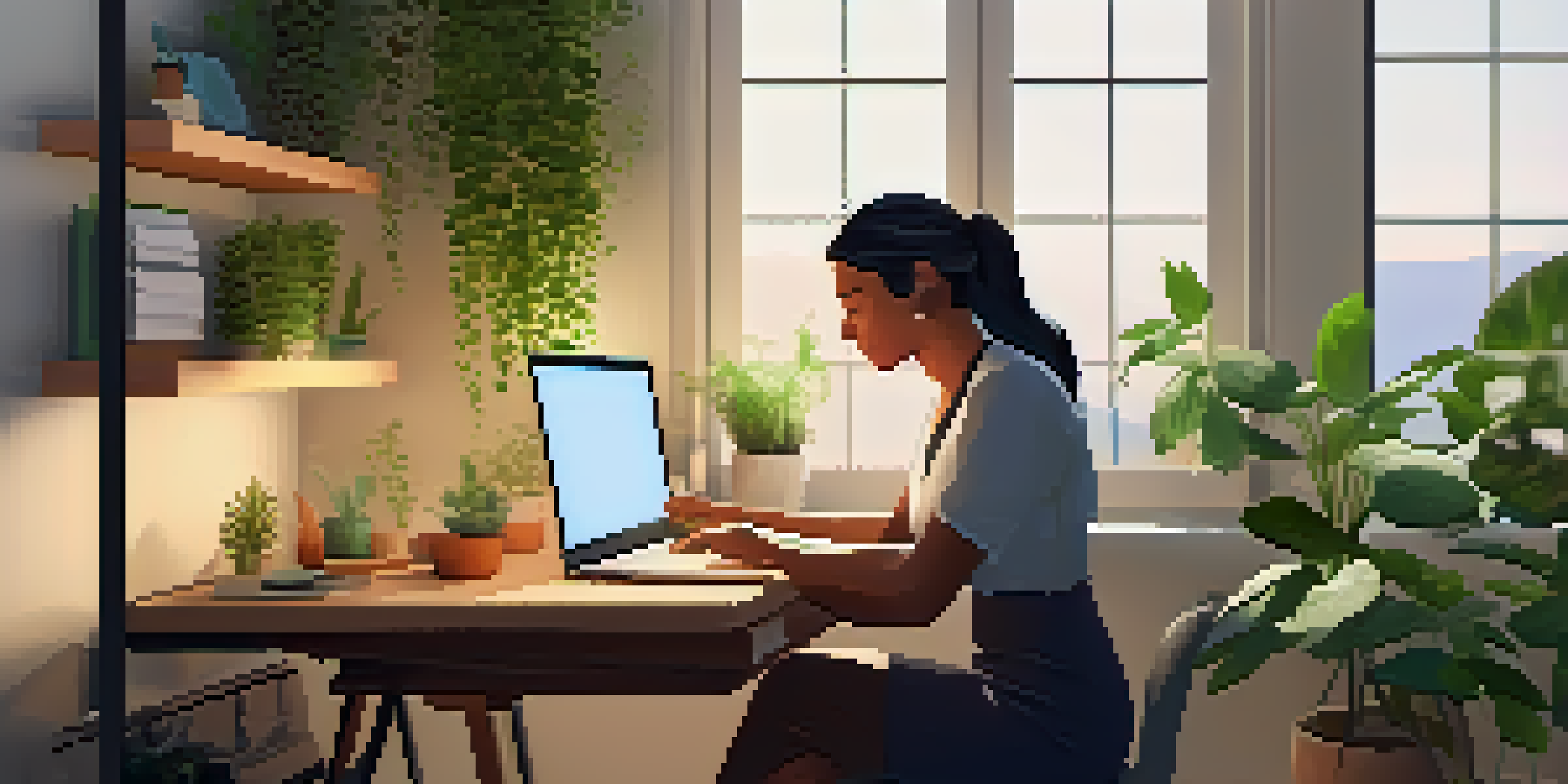 A naturopath conducting a virtual consultation with a patient over video call, surrounded by plants and herbal remedies.