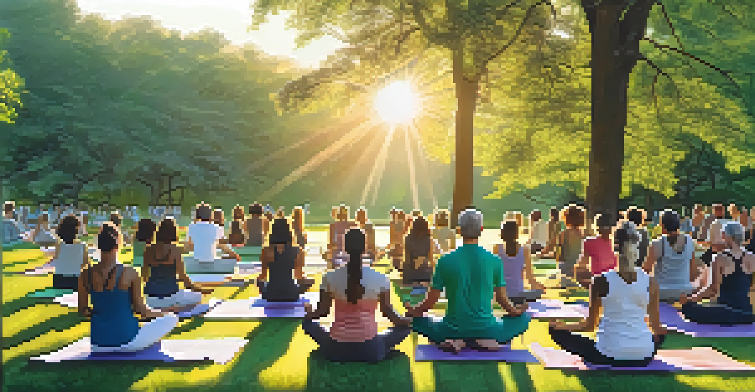 A group of individuals practicing yoga in a lush green park during sunset, promoting wellness and community.