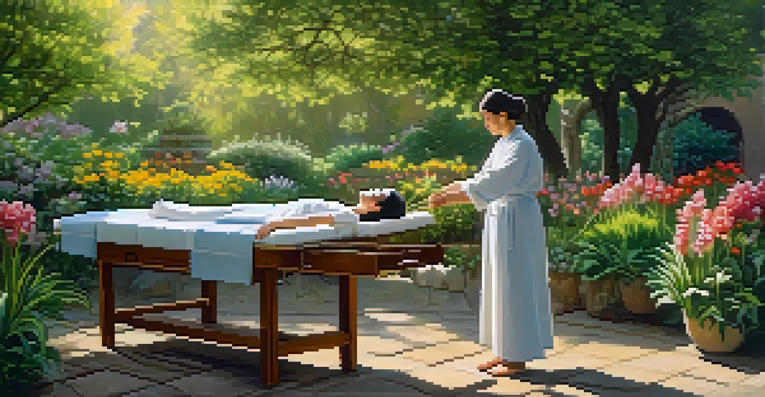 A peaceful garden with a practitioner performing acupuncture on a relaxed patient, surrounded by flowers and trees.