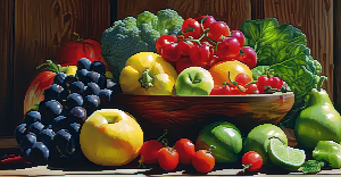 A colorful assortment of fresh fruits and vegetables displayed on a wooden surface, illuminated by soft natural light.