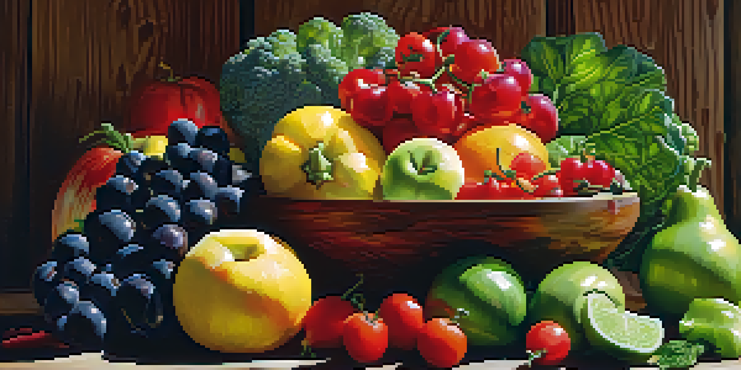 A colorful assortment of fresh fruits and vegetables displayed on a wooden surface, illuminated by soft natural light.