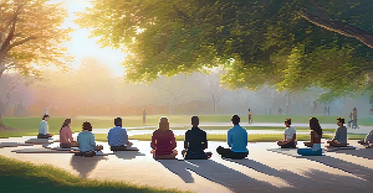 A diverse group of individuals practicing mindfulness and breathing techniques in a peaceful park during sunrise, surrounded by nature.