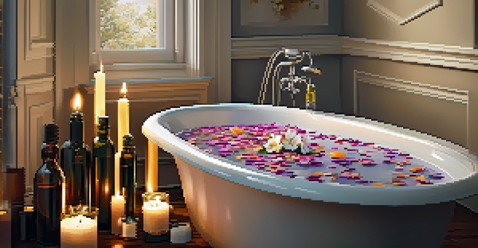 A luxurious bath with flower petals and essential oils, surrounded by softly flickering candles, creating a serene atmosphere.