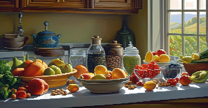 A cozy kitchen table filled with colorful fruits, vegetables, nuts, and seeds, illuminated by natural sunlight.