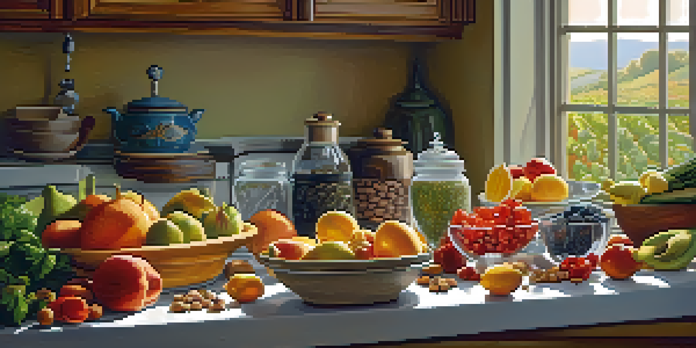 A cozy kitchen table filled with colorful fruits, vegetables, nuts, and seeds, illuminated by natural sunlight.