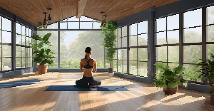 A tranquil yoga studio with a person practicing yoga surrounded by plants and natural light.