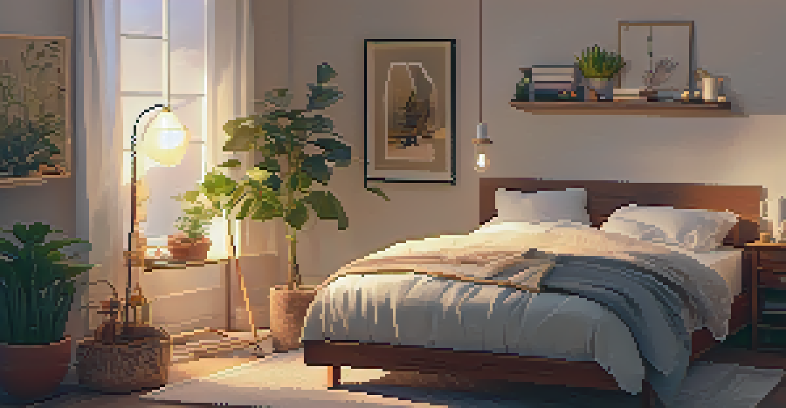 A person reading in a cozy bedroom with soft lighting and calming decor.