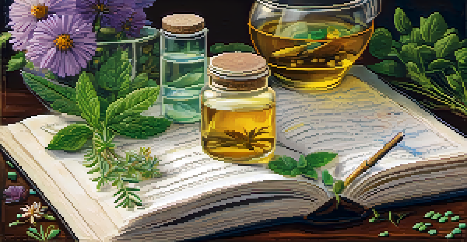 A table with herbal remedies, supplements, and a DNA model, illustrating the role of genetics in personalized medicine.