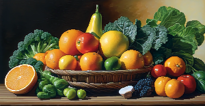 An artistic arrangement of fresh fruits and vegetables on a wooden table, showcasing bright colors and textures.