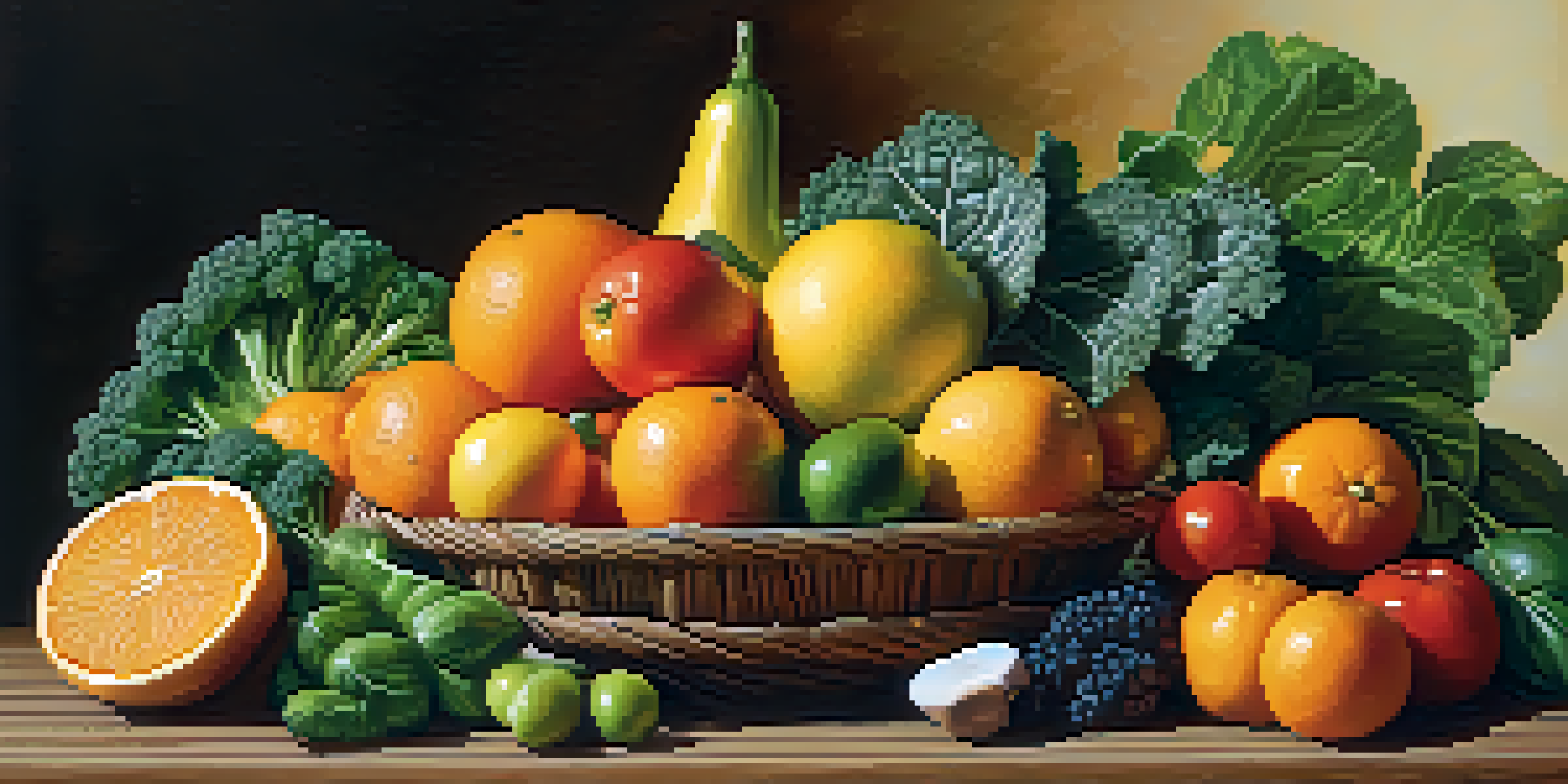 An artistic arrangement of fresh fruits and vegetables on a wooden table, showcasing bright colors and textures.