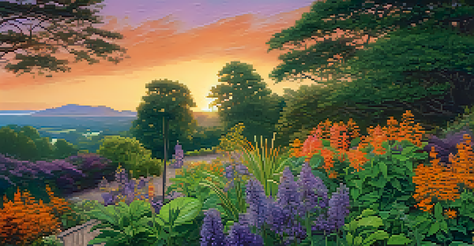 A vibrant garden with medicinal herbs like elderberry and turmeric under a sunset sky of orange and purple.