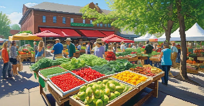A lively farmer's market with colorful fruits and vegetables displayed on wooden tables, and people interacting in a sunny environment.