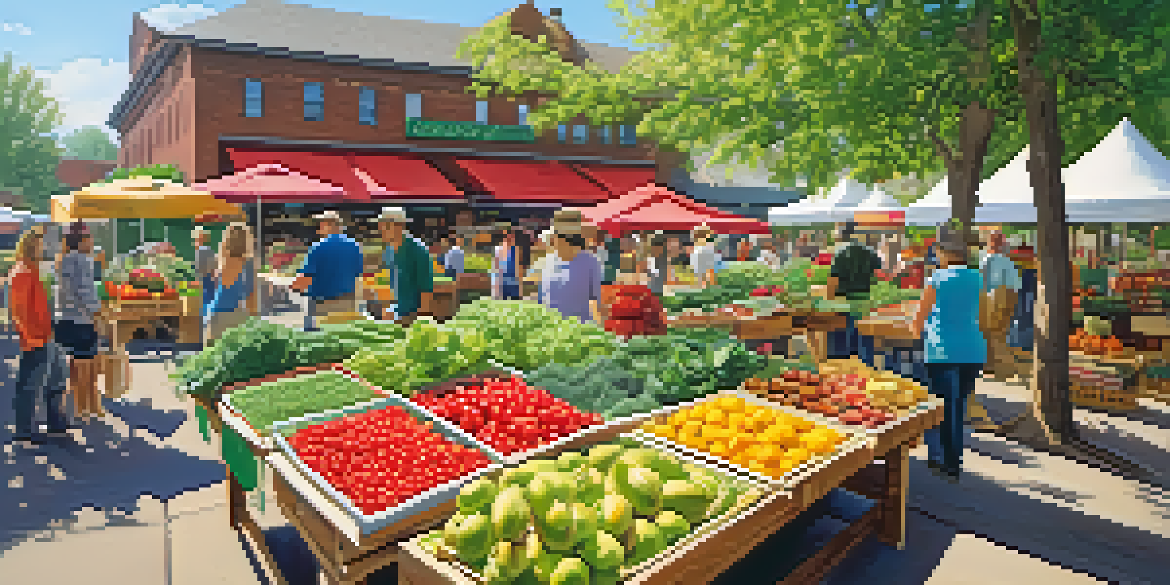 A lively farmer's market with colorful fruits and vegetables displayed on wooden tables, and people interacting in a sunny environment.