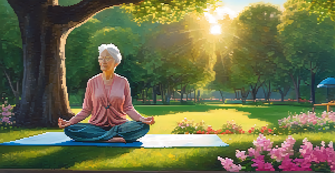 An elderly person practicing yoga in a peaceful park at sunrise, surrounded by greenery and blooming flowers.