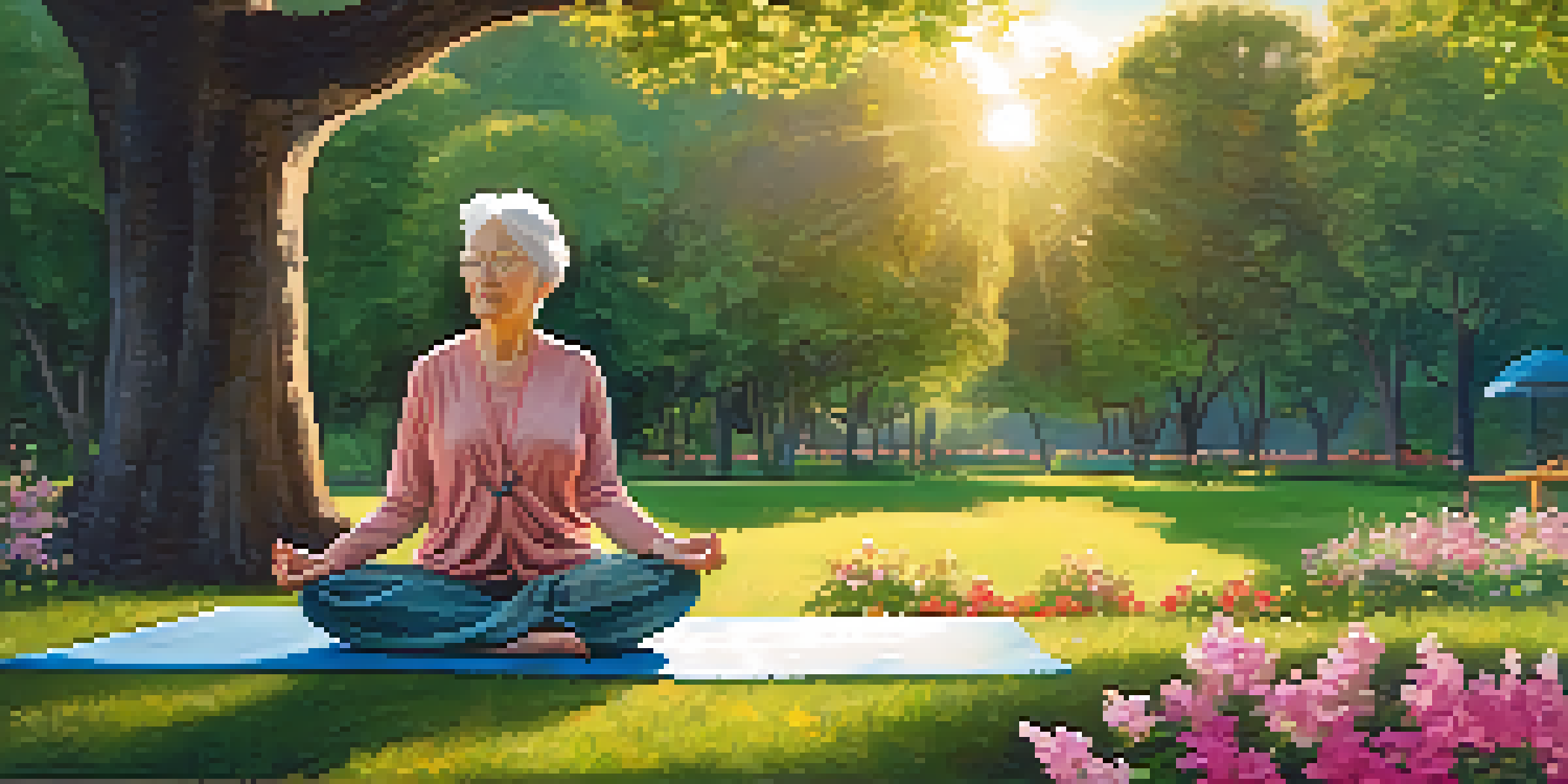 An elderly person practicing yoga in a peaceful park at sunrise, surrounded by greenery and blooming flowers.