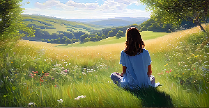 A person meditating in a peaceful natural setting surrounded by greenery and flowers, with sunlight filtering through the trees.
