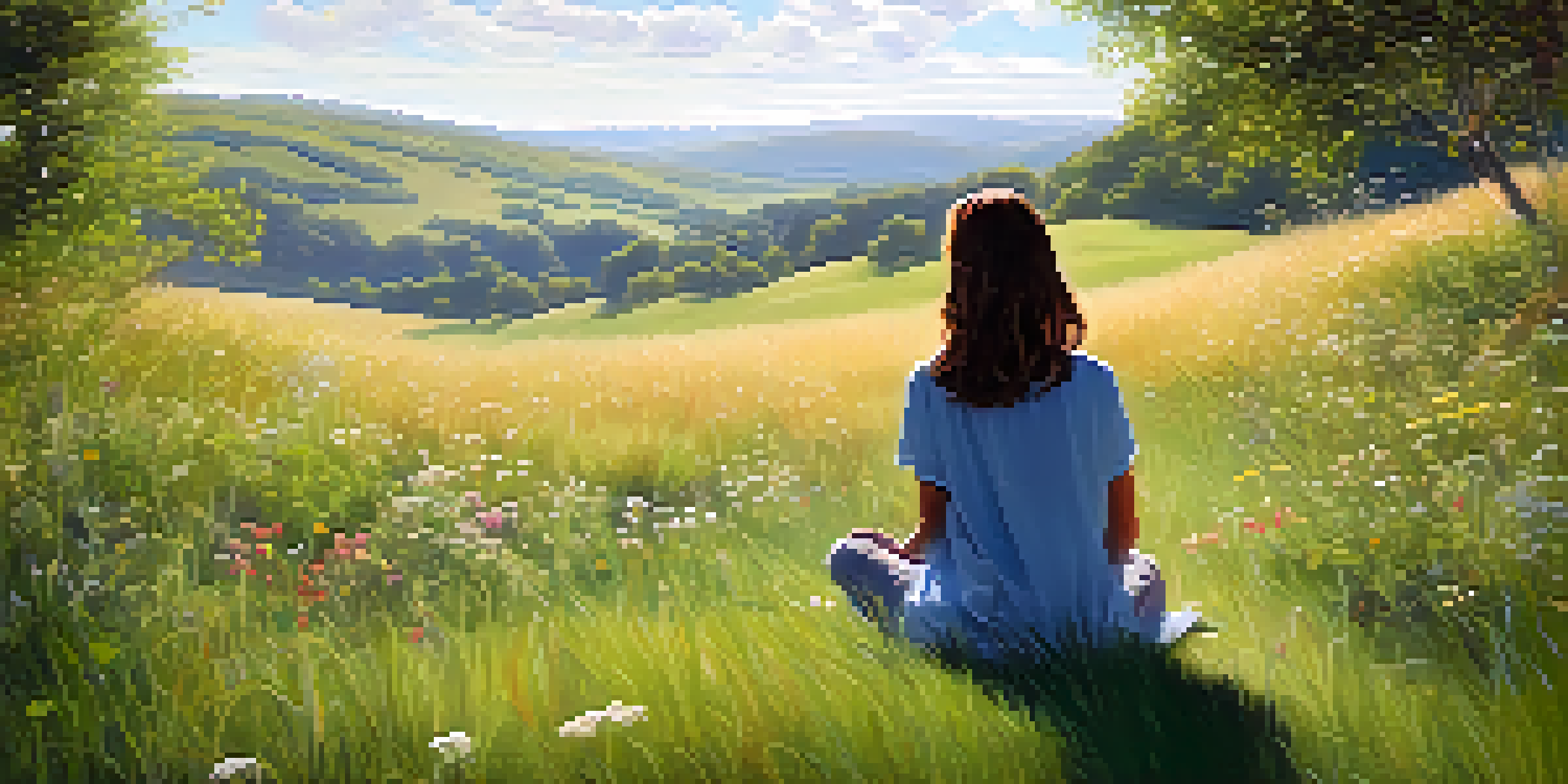 A person meditating in a peaceful natural setting surrounded by greenery and flowers, with sunlight filtering through the trees.