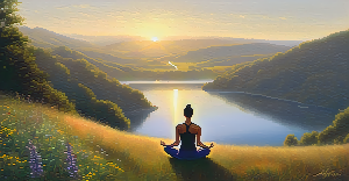 A person practicing yoga on a hillside at sunrise, with a peaceful lake in the background and colorful wildflowers in the foreground.
