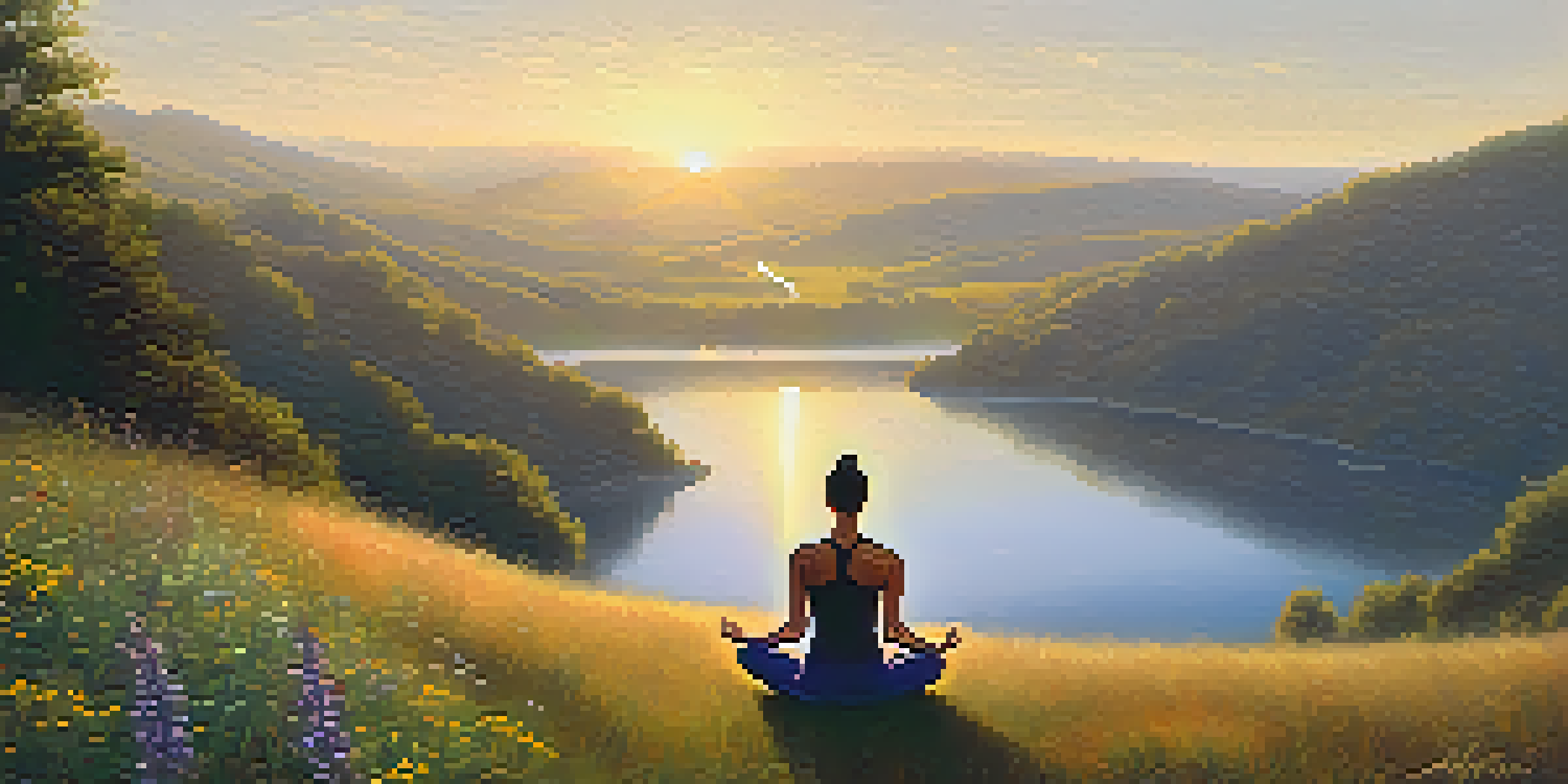 A person practicing yoga on a hillside at sunrise, with a peaceful lake in the background and colorful wildflowers in the foreground.