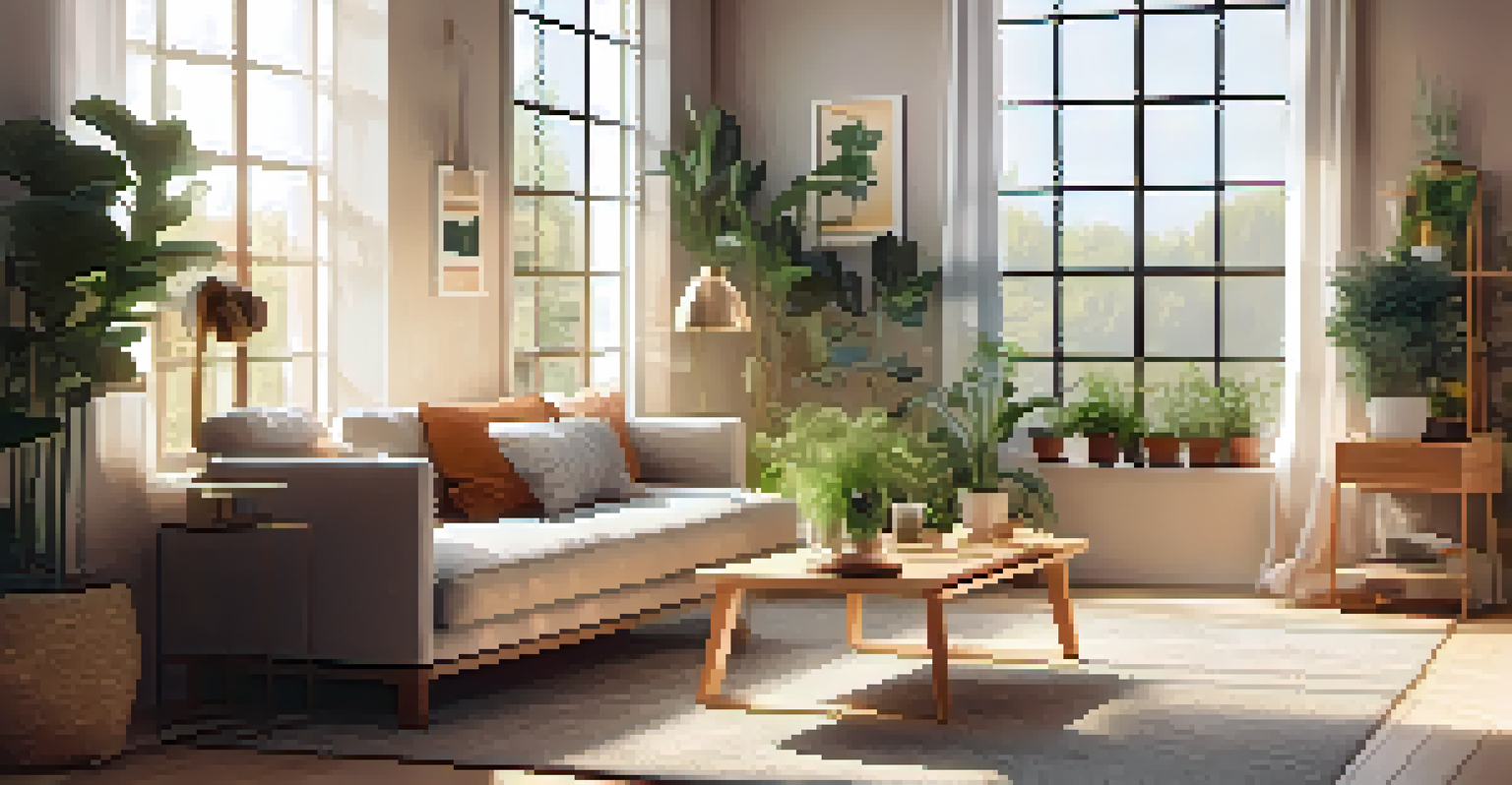 A warm and inviting living room with a diffuser releasing mist and plants, illuminated by sunlight streaming through a window.