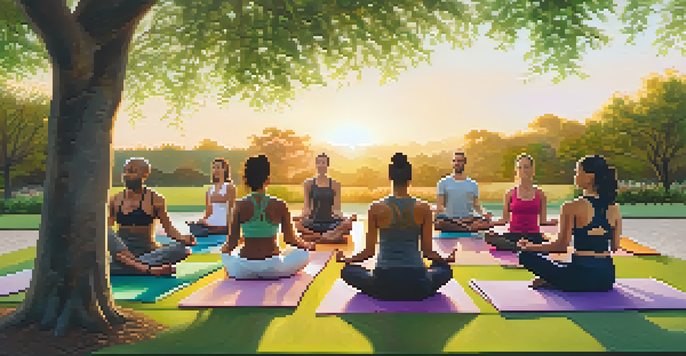 A group of diverse individuals participating in a community yoga class in a park during sunset, surrounded by greenery.