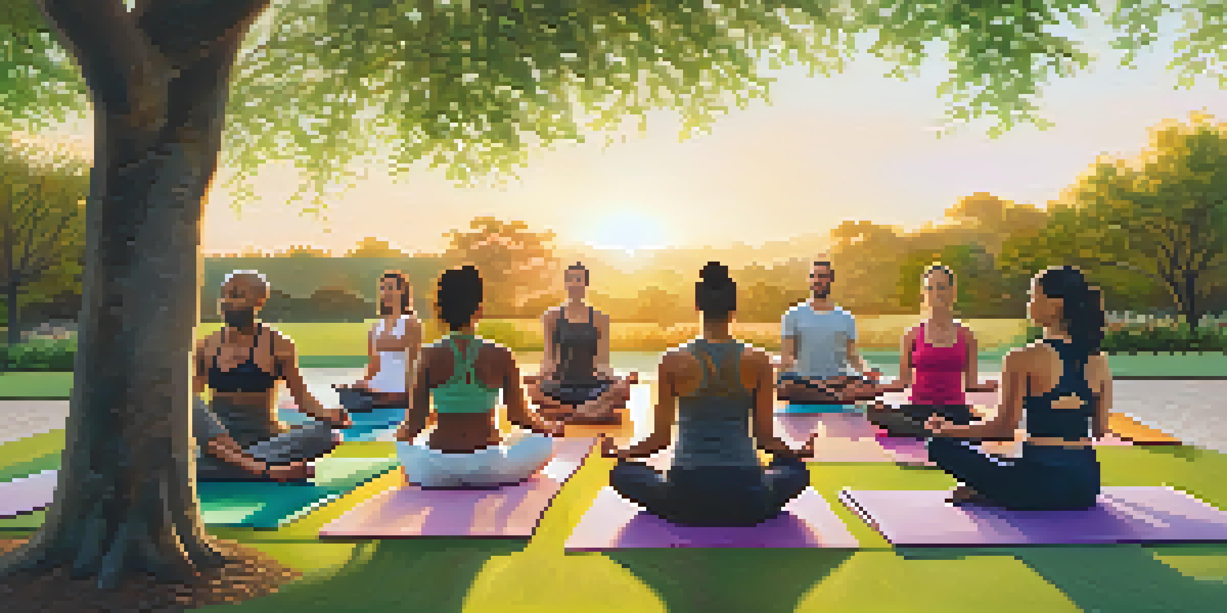 A group of diverse individuals participating in a community yoga class in a park during sunset, surrounded by greenery.