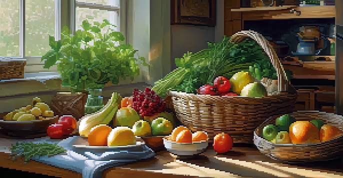 A kitchen table adorned with fresh fruits, vegetables, and herbs, illuminated by sunlight through a window.