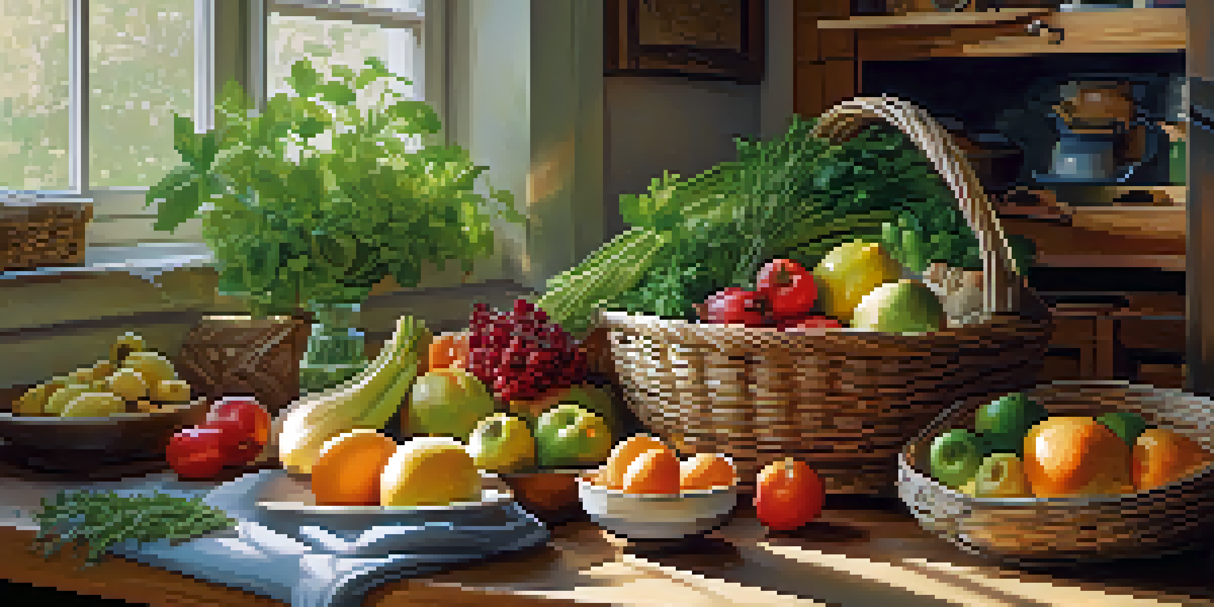 A kitchen table adorned with fresh fruits, vegetables, and herbs, illuminated by sunlight through a window.