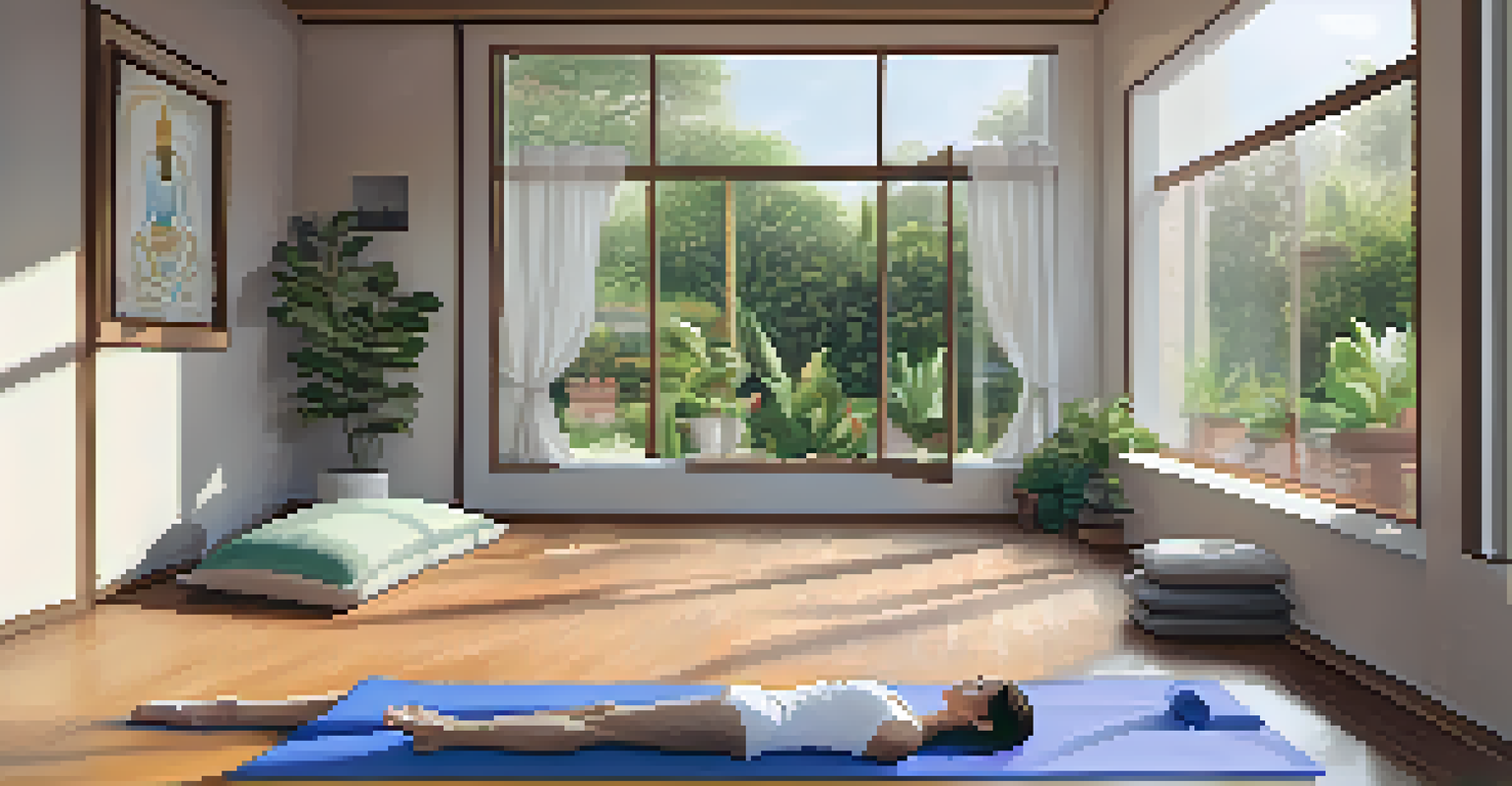 A tranquil yoga studio with mats and cushions, filled with natural light and calming decor, featuring a person practicing yoga.