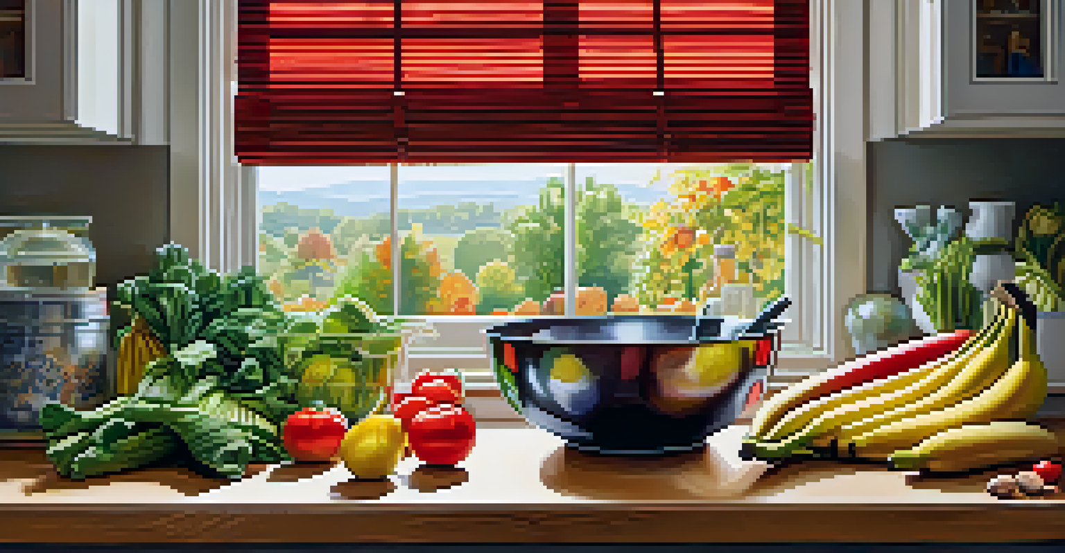A colorful display of fresh fruits and vegetables in a bright kitchen.
