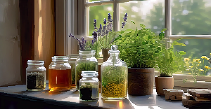 A cozy office corner featuring a table with herbal remedies, a cup of chamomile tea, and a lavender diffuser, with soft natural light and a green plant.