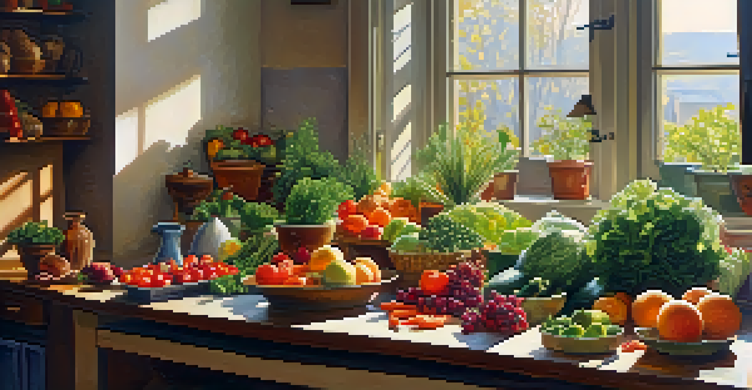 A colorful kitchen scene with fresh fruits and vegetables on a wooden table, with sunlight streaming through the window.