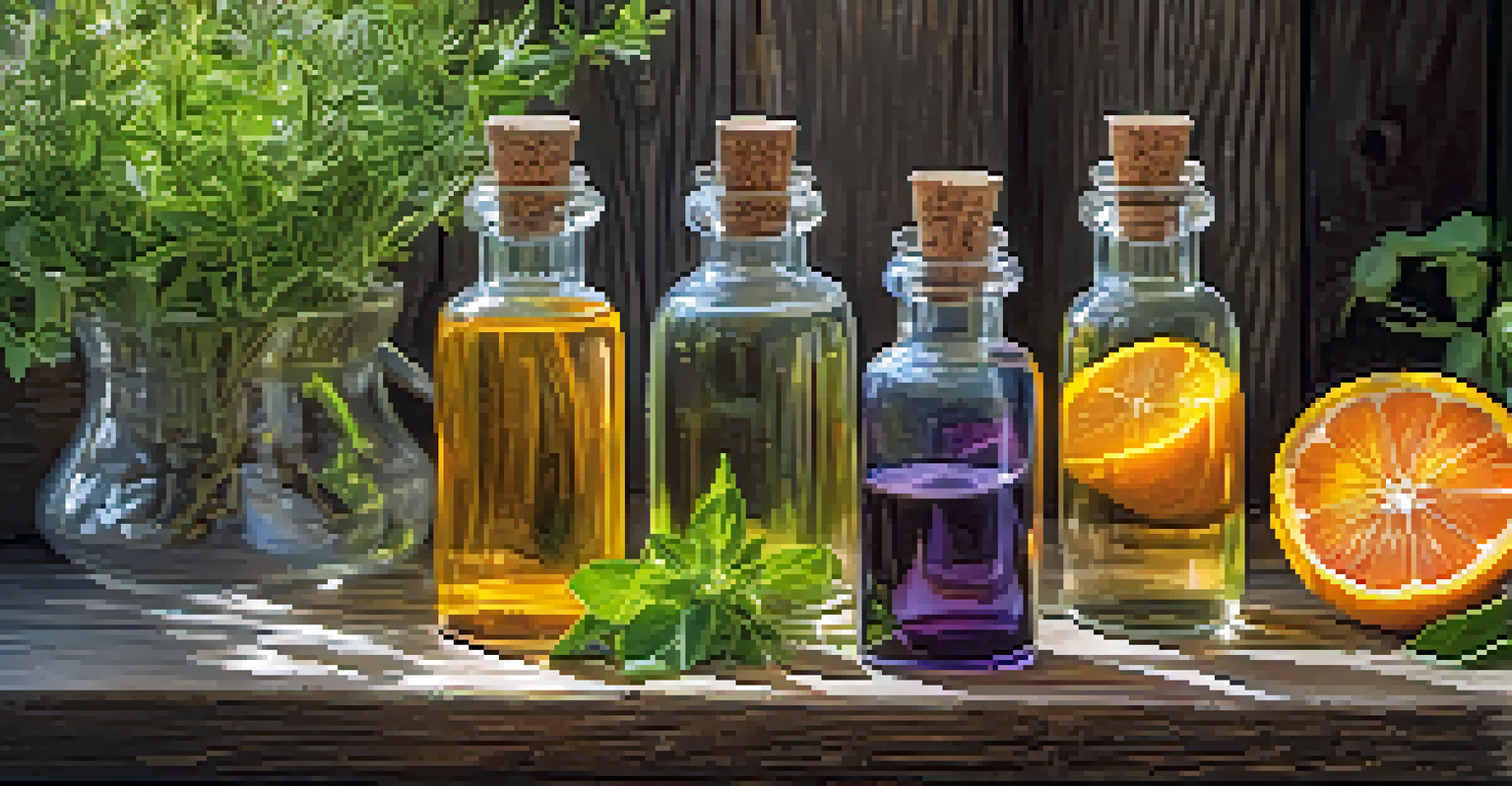 An artistic display of essential oil bottles surrounded by herbs, citrus fruits, and flowers on a wooden surface.