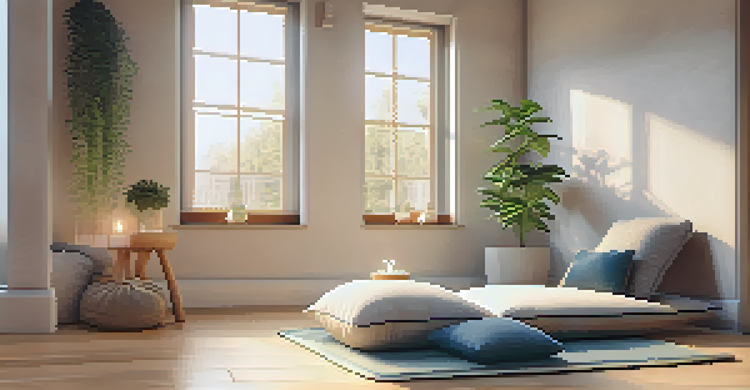 A calming meditation corner with a yoga mat, cushions, candles, and an indoor plant, bathed in natural light.