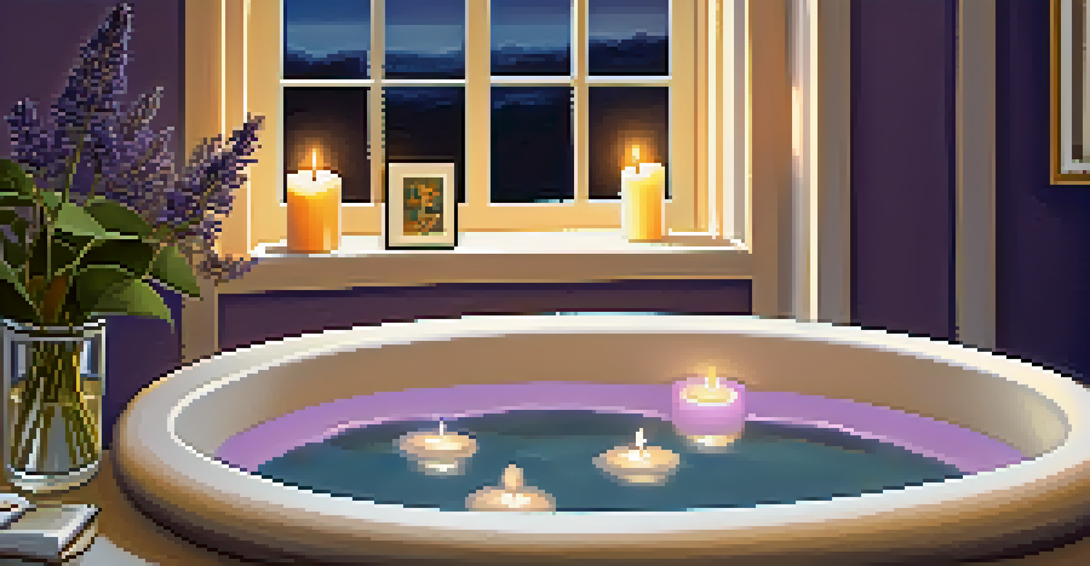 A warm bath with bubbles and eucalyptus oil, surrounded by candlelight and a lavender bouquet, creating a relaxing atmosphere.
