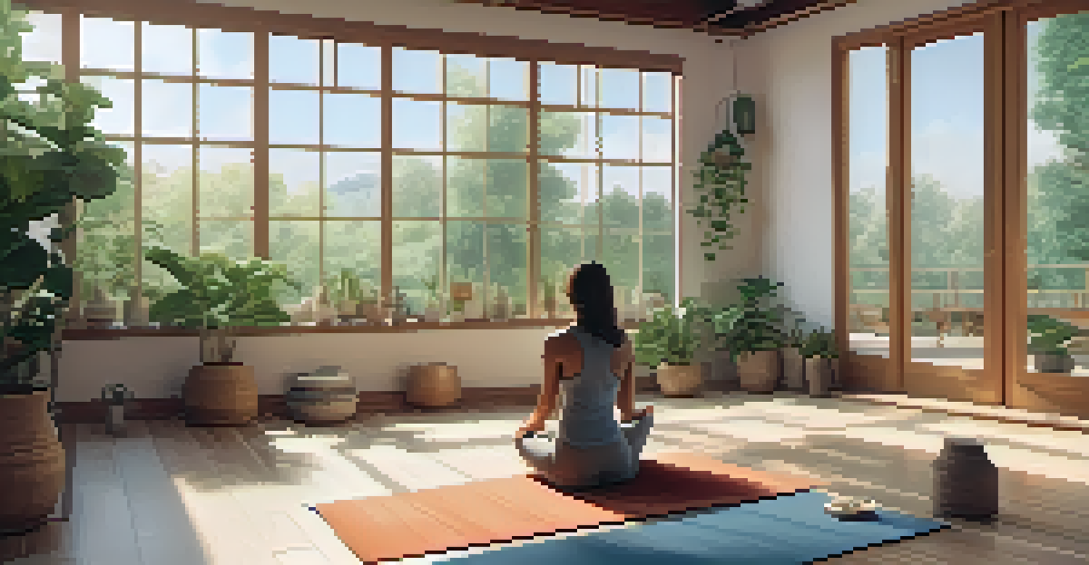 A peaceful yoga studio with a person meditating on a mat, surrounded by plants and calming decor, illuminated by natural light.