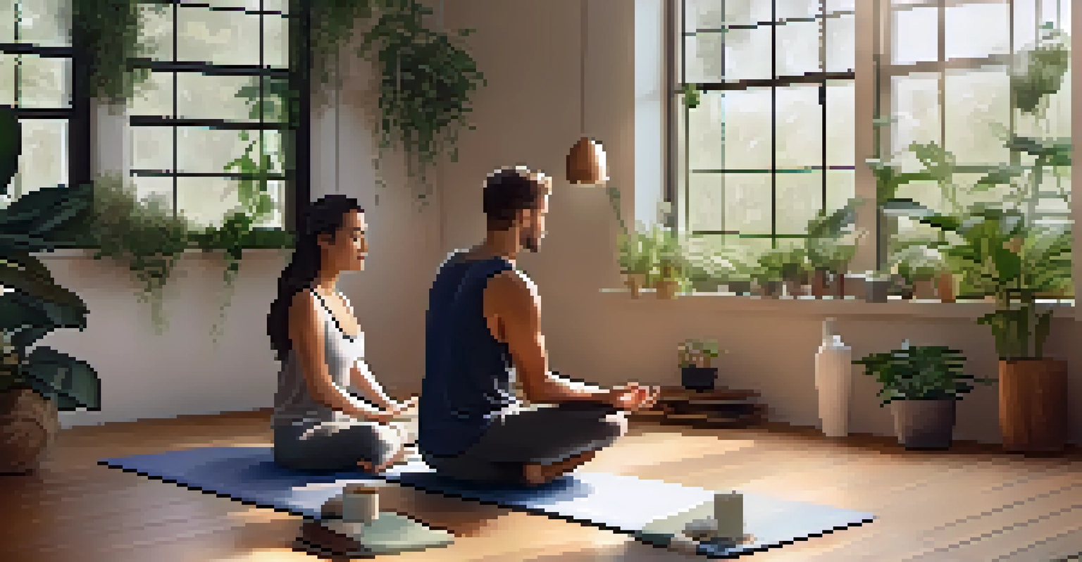 A couple practicing yoga in a peaceful studio filled with plants and soft lighting, promoting relaxation.
