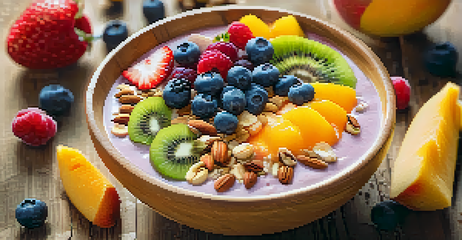 A close-up of a smoothie bowl filled with vibrant fruits, nuts, and seeds, placed on a rustic wooden table with soft sunlight.