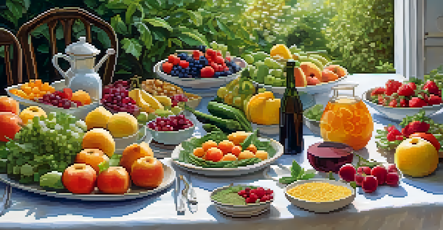 An outdoor table filled with colorful, nutritious foods including fruits, vegetables, and herbs, promoting healthy eating.