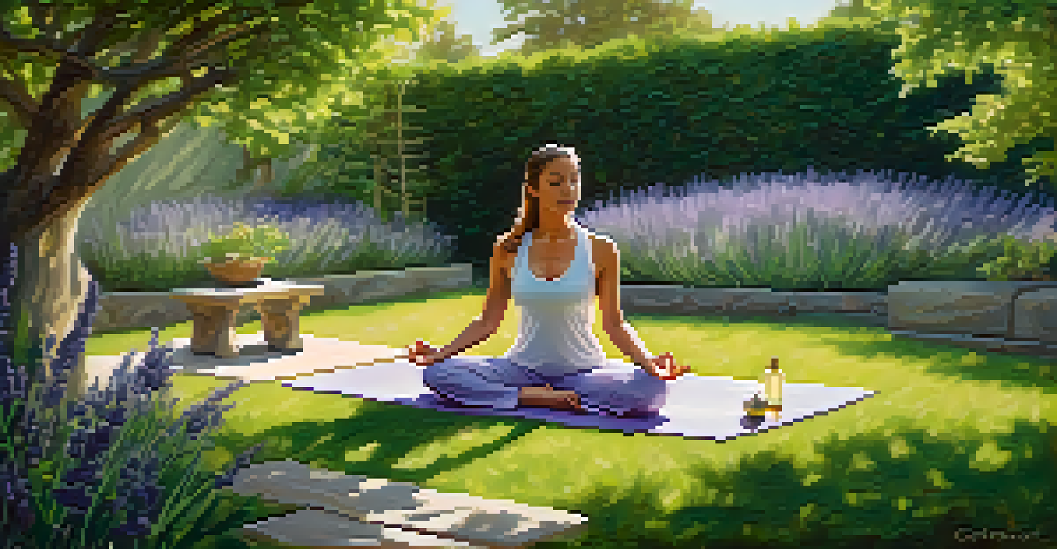 A person practicing yoga in a garden, with a diffuser and essential oils nearby, surrounded by greenery.