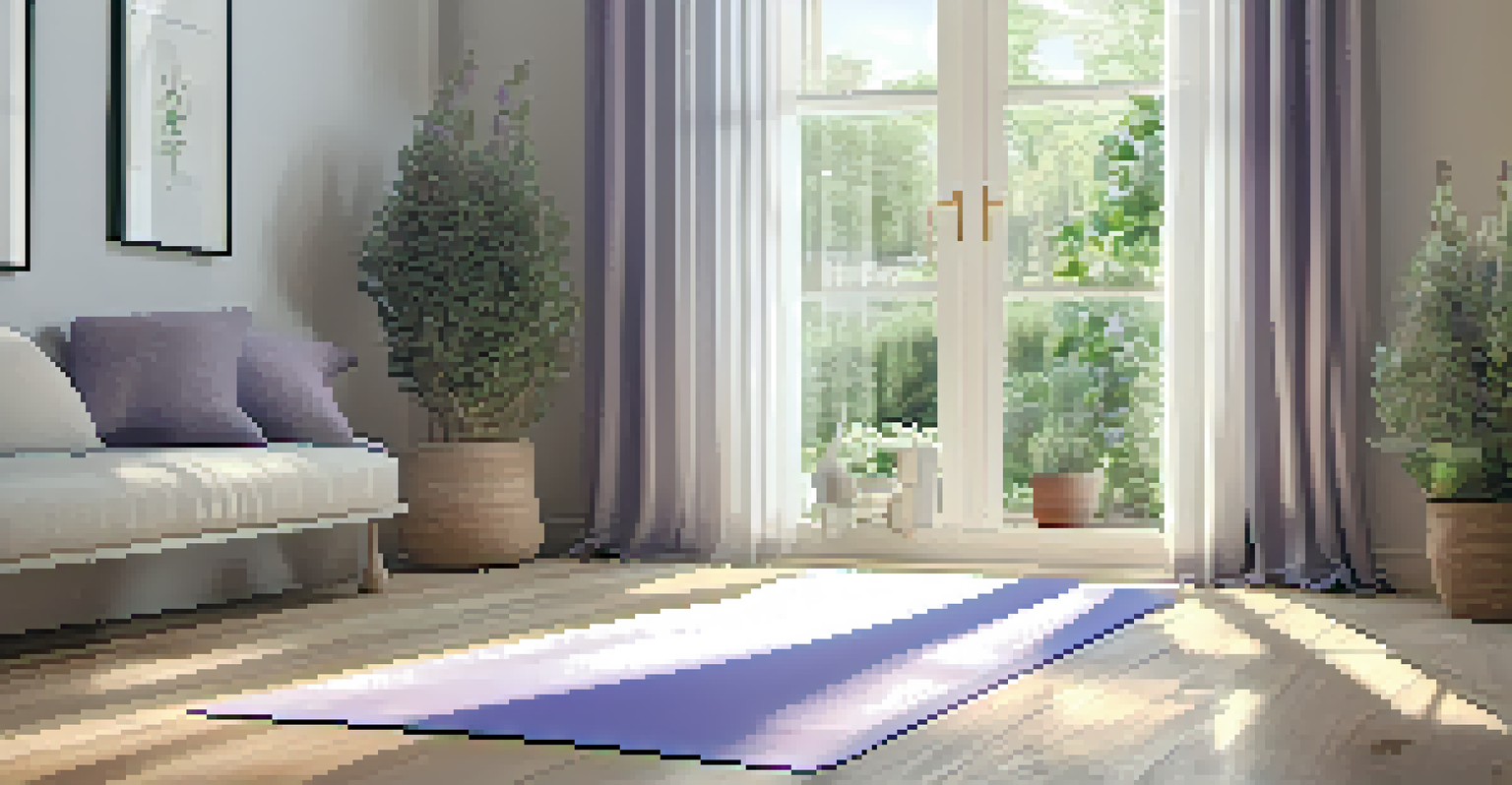 A peaceful mindfulness space with a yoga mat, lavender plants, and soft lighting, designed for relaxation.
