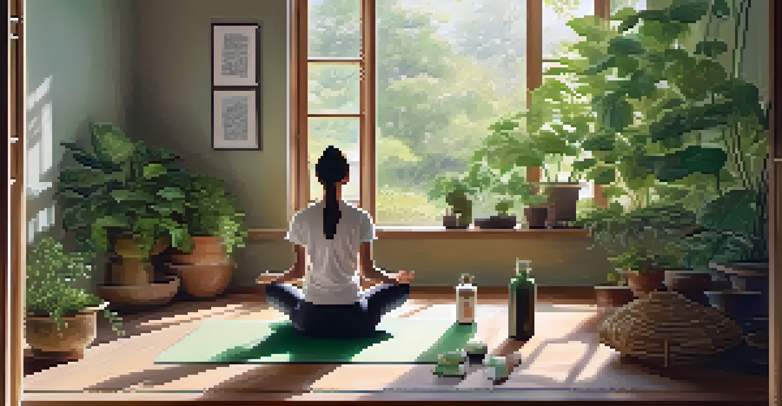 A person practicing mindfulness on a yoga mat in a sunlit room, surrounded by plants and herbal supplements.