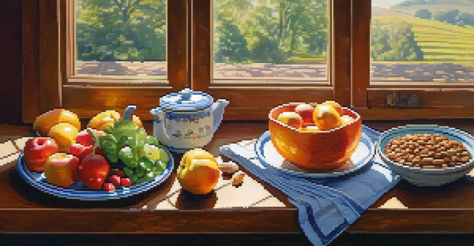 A bright kitchen with a wooden table full of fresh fruits, vegetables, and whole grains, illuminated by sunlight.